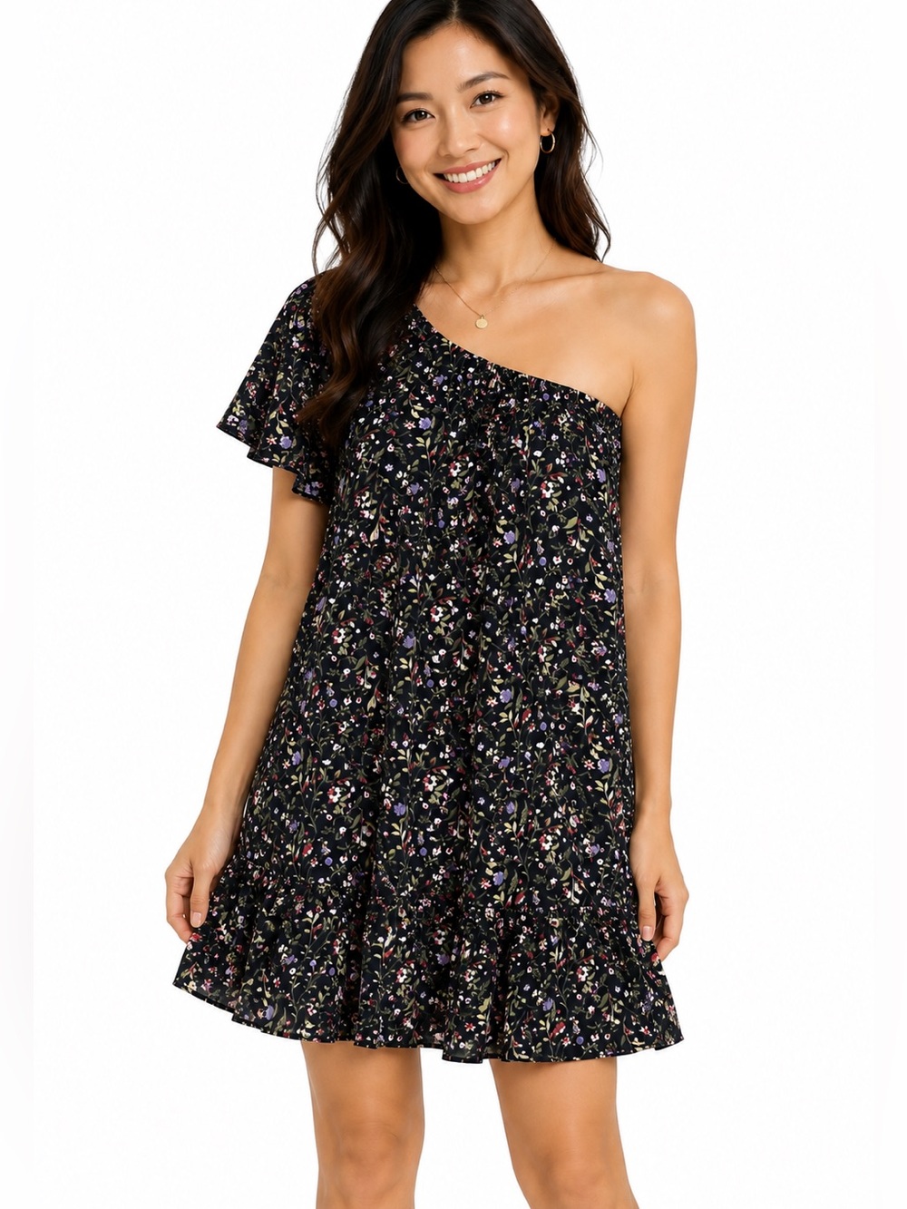 (B51) NEW French Grey One Shoulder Floral mini Dress, Size Medium, NWT